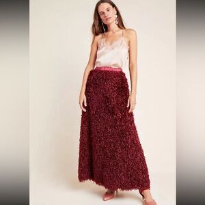 Anthropologie Chantal Feathered Maxi Skirt $160 Wine burgundy size s small